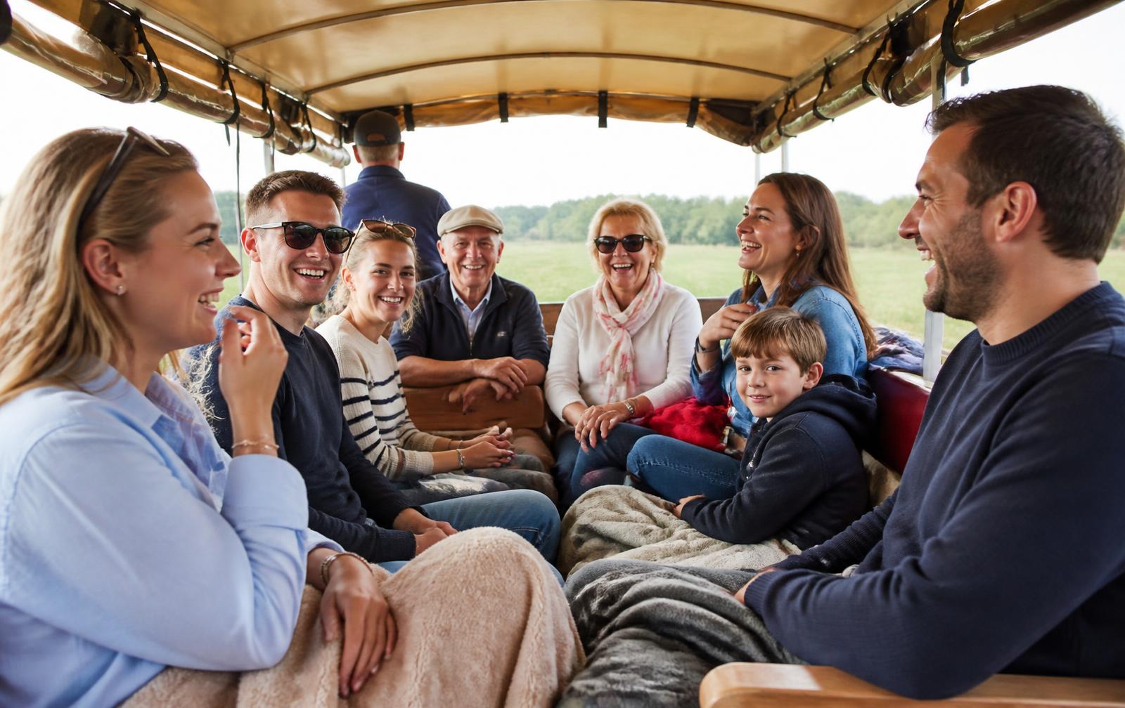 Gezelschap geniet samen van een huifkartocht